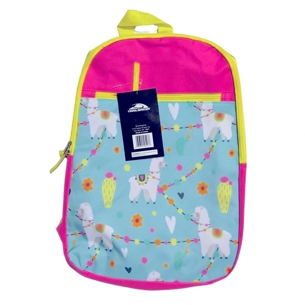 Trailmaker Girls' LLAMA Print Backpack Adjustable Padded Straps Pink Blue 17 in